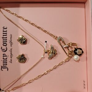 Juicy Couture 3pc gold plated‎ 2 charm necklace and JC monogram earrings set